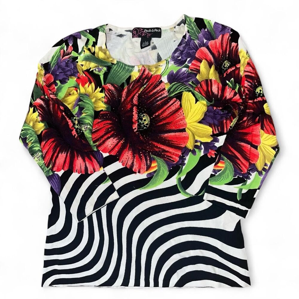 Peck & Peck Women's Multicolored Floral Swarovski Knit Sweater SZ L